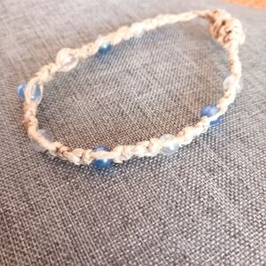 Macrame Hemp Beaded Bracelet Light Blue and Clear Beads - New Item (up to 7")